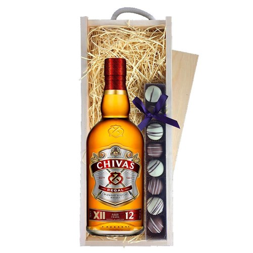 Chivas Regal 12 Blended Scotch Whisky 70cl & Heart Truffles, Wooden Box